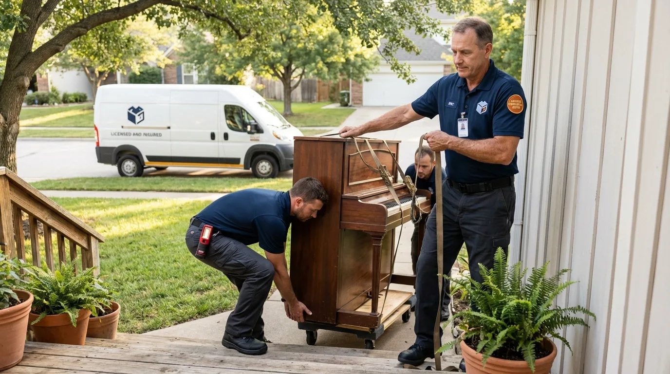Licensed piano movers securing grand piano in Port Republic, NJ