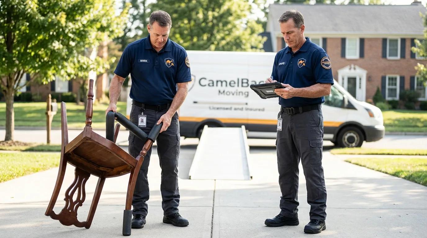 Movers inspecting furniture for damage prevention before loading in Port Republic, NJ