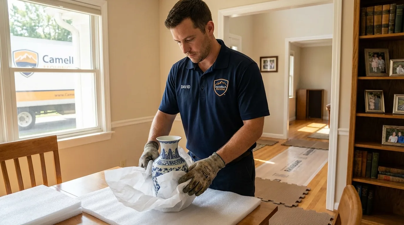 Professional crew carefully wrapping antique vase for senior downsizing move in Port Republic, NJ